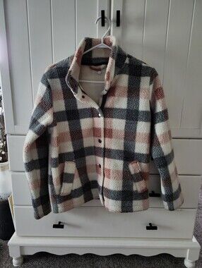 Womens Cozy Plaid Sherpa Jacket - Cream, Gray & Pink Sz S
